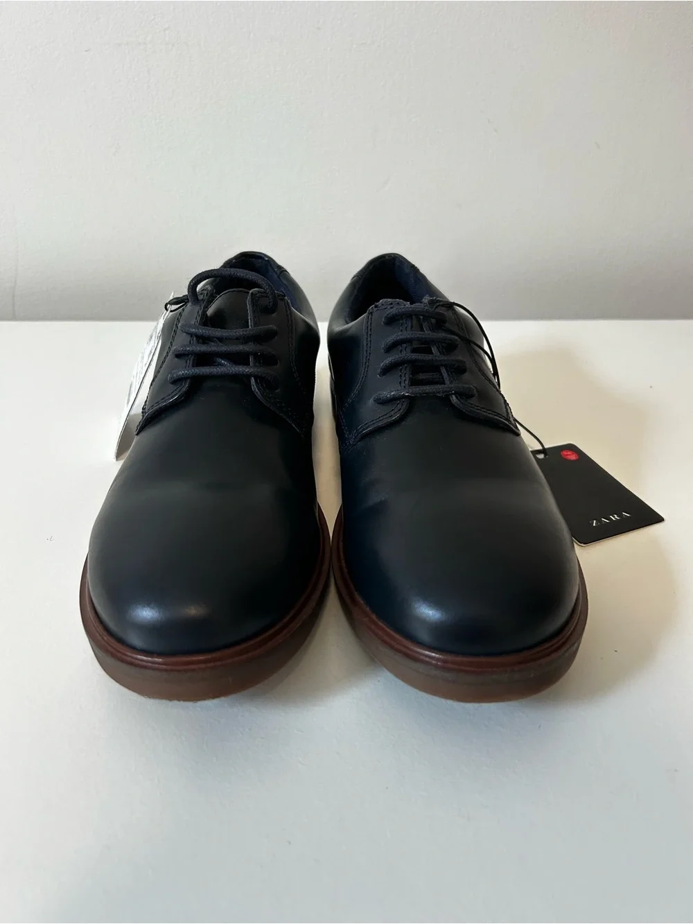 Zara Navy Leather Kids Lace-Up Dress Shoes with Brown Sole